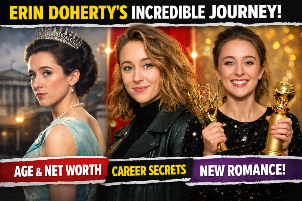 Erin Doherty portrait collage showing The Crown role and award-winning success