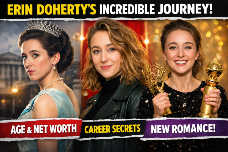Erin Doherty portrait collage showing The Crown role and award-winning success