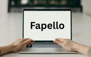 Person uising Laptop with both the hand and on laptop it's written Fapello
