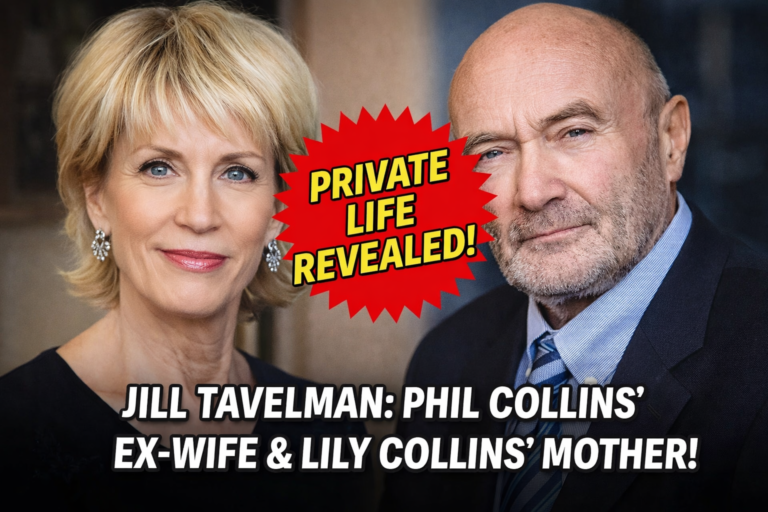 Jill Tavelman and Phil Collins portrait with text highlighting her private life and connection to Lily Collins