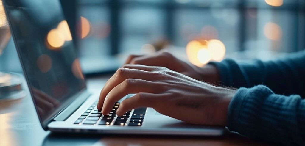 Person coding code in laptop using soutaipasu