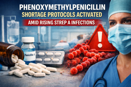 Phenoxymethylpenicillin Shortage Protocols Activated Amid Rising Strep A Infections Phenoxymethylpenicillin shortage image showing penicillin tablets, medical vial, and warning sign amid rising Strep A infections