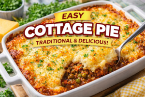 Easy traditional cottage pie recipe with minced beef, vegetables, rich gravy, and golden mashed potato topping