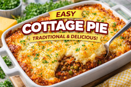 Easy traditional cottage pie recipe with minced beef, vegetables, rich gravy, and golden mashed potato topping