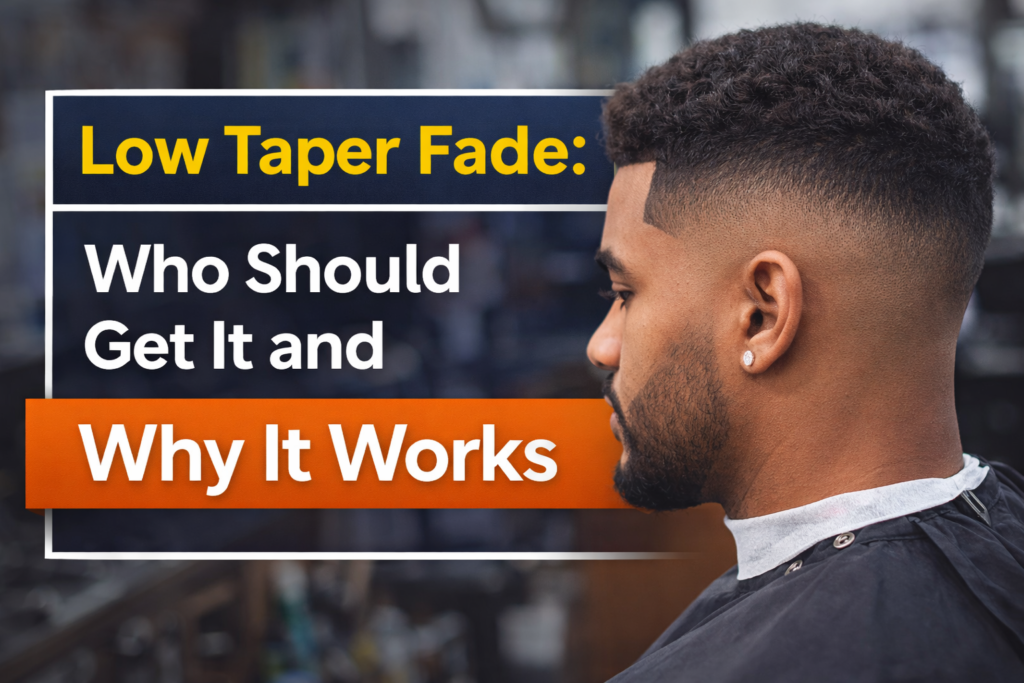 Low taper fade haircut showing a clean fade around the ears and neckline with longer hair on top