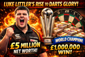 Luke Littler celebrating after winning the PDC World Darts Championship with trophy and prize money, highlighting his £1 million win and rising net worth
