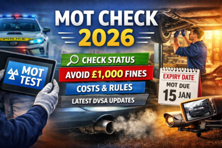 MOT Check 2026: How to Check MOT Status, Fines, Rules, Costs & Latest DVSA Updates MOT Check 2026 featured image showing mechanic inspecting car, police vehicle, MOT test tablet, expiry date calendar and £1,000 fine warning in UK