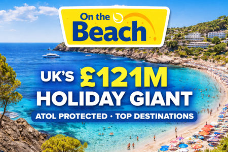 On the Beach online travel agency promotional image showing Mediterranean beach resort and £121M UK holiday revenue highlight