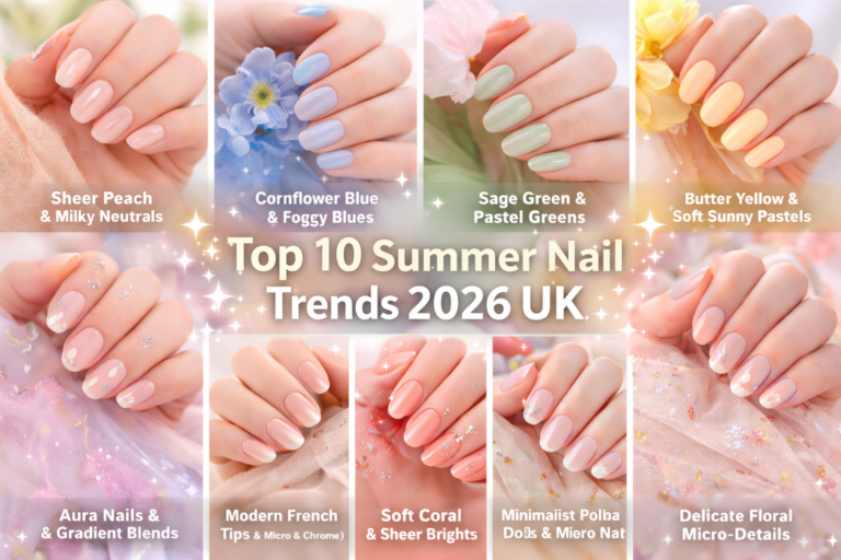 Top 10 Summer Nail Trends 2026 UK: Most Popular Colours, Shapes & Salon Styles Top 10 Summer Nail Trends 2026 UK featuring sheer peach, cornflower blue, sage green, butter yellow, aura nails, modern French tips, soft coral, polka dots, chrome finishes and floral micro-details