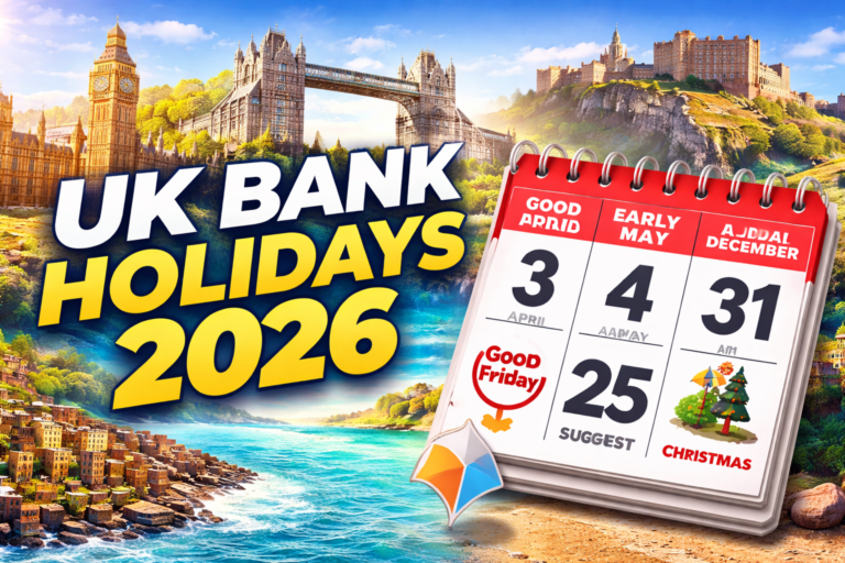 UK Bank Holidays 2026: Complete Guide to Public Holidays Across the United Kingdom UK Bank Holidays 2026 calendar graphic showing key public holiday dates including Good Friday, Early May Bank Holiday, Summer Bank Holiday, and Christmas Day across England, Scotland and Northern Ireland.