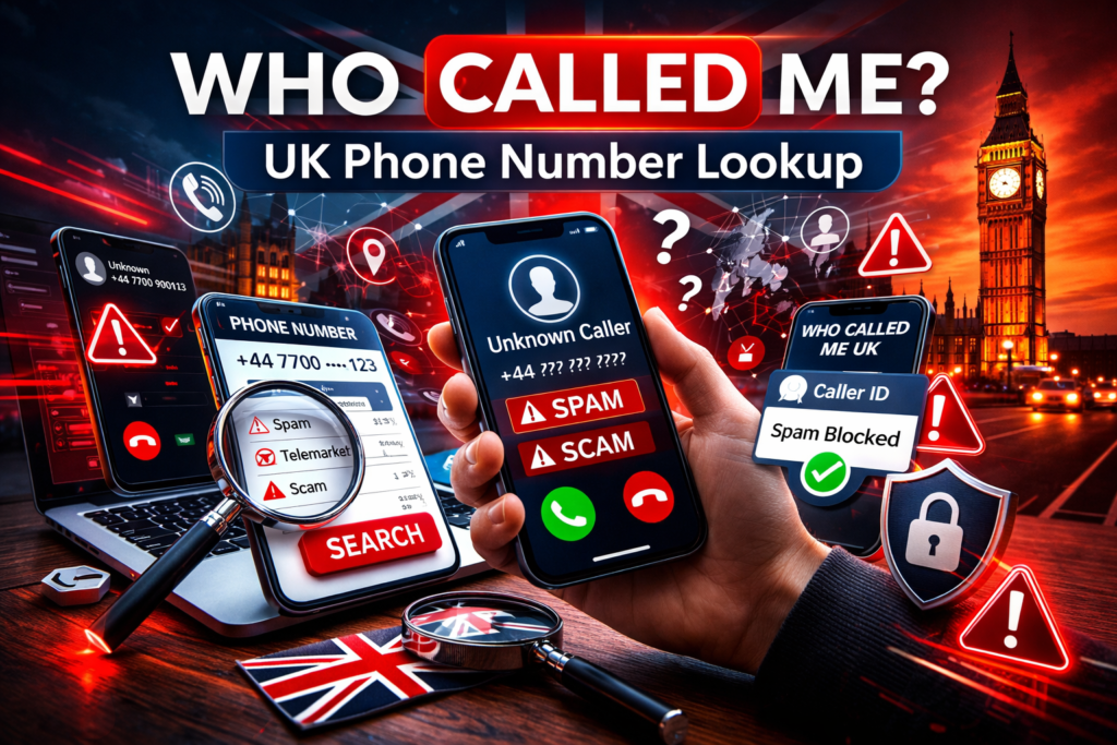Who Called Me: Unmasking Unknown Callers with Reverse Phone Lookup Services Who Called Me UK reverse phone lookup concept showing smartphone with spam and scam call alerts against London skyline