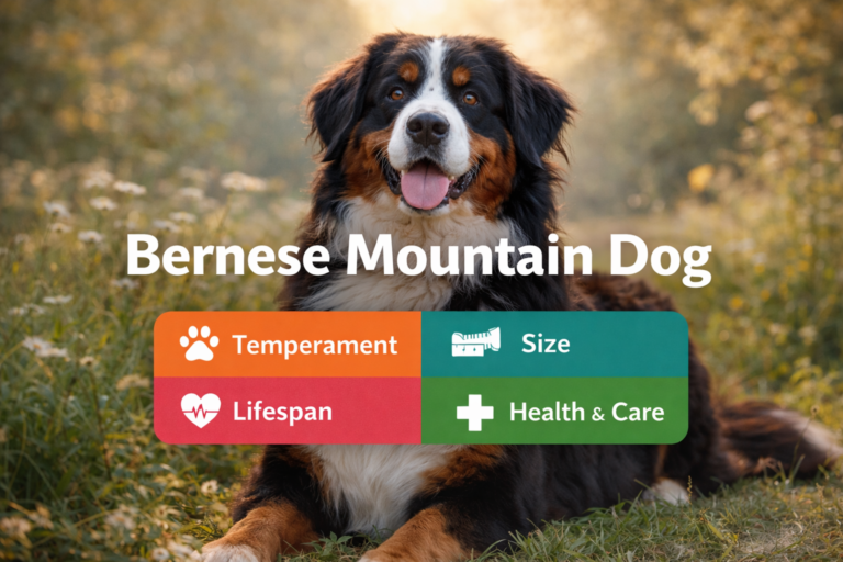 Bernese Mountain Dog: Complete Breed Guide (Temperament, Size, Lifespan, Health & Care) Bernese Mountain Dog sitting in a sunny meadow with centered text showing temperament, size, lifespan, and health guide.