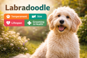 Labradoodle sitting in a sunny garden with text highlighting temperament, size, lifespan, and grooming and health guide.