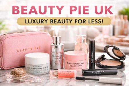 Beauty Pie UK products displayed with luxury skincare and makeup highlighting affordable premium beauty