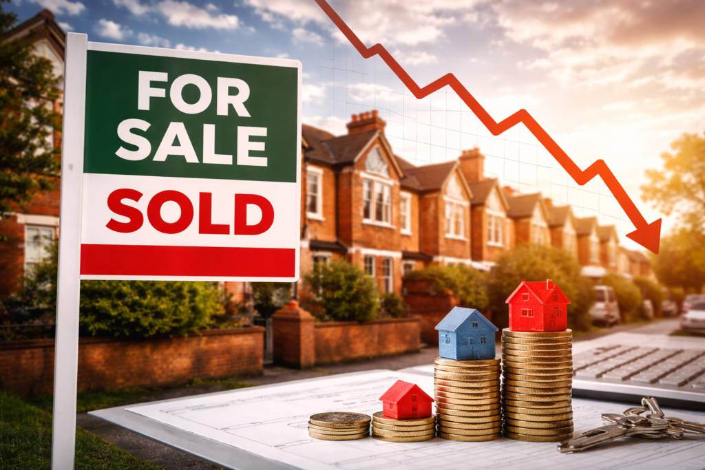 Is a UK House Price Crash Coming in 2026? A Data-Driven Reality Check UK suburban houses with a “For Sale – Sold” sign and a downward price graph illustrating housing market decline