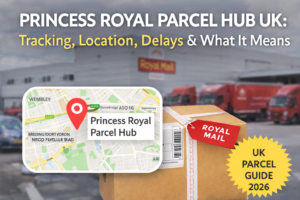 Princess Royal Parcel Hub UK map and Royal Mail parcel illustrating tracking, location and delivery process