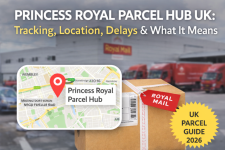 Princess Royal Parcel Hub UK map and Royal Mail parcel illustrating tracking, location and delivery process