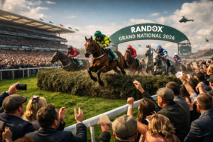 Grand National 2026: Date, Time, Runners, Odds & Full Aintree Race Guide Ground-level view of the 2026 Randox Grand National at Aintree, with racehorses and jockeys leaping over a fence as a cheering crowd lines the track.