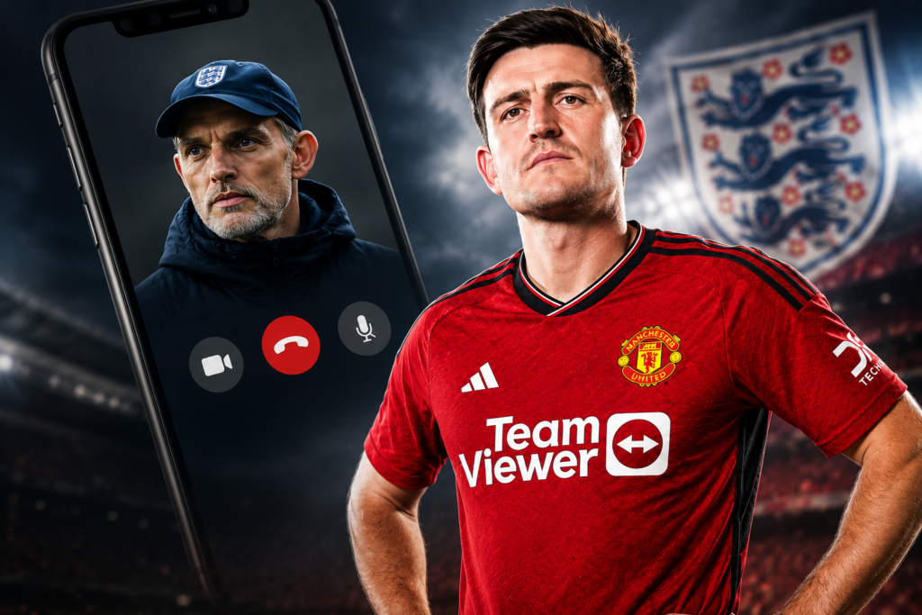 Harry Maguire Opens Up “Quite an Awkward Call” on Tuchel FaceTime Snub from England World Cup Squad Harry Maguire stands in a Manchester United shirt beside a smartphone displaying a video call, illustrating Thomas Tuchel's decision to leave him out of England's 2026 World Cup squad.